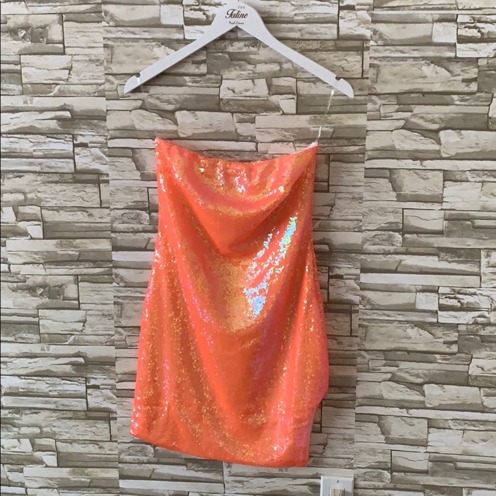 Sequin strapless neon orange dress